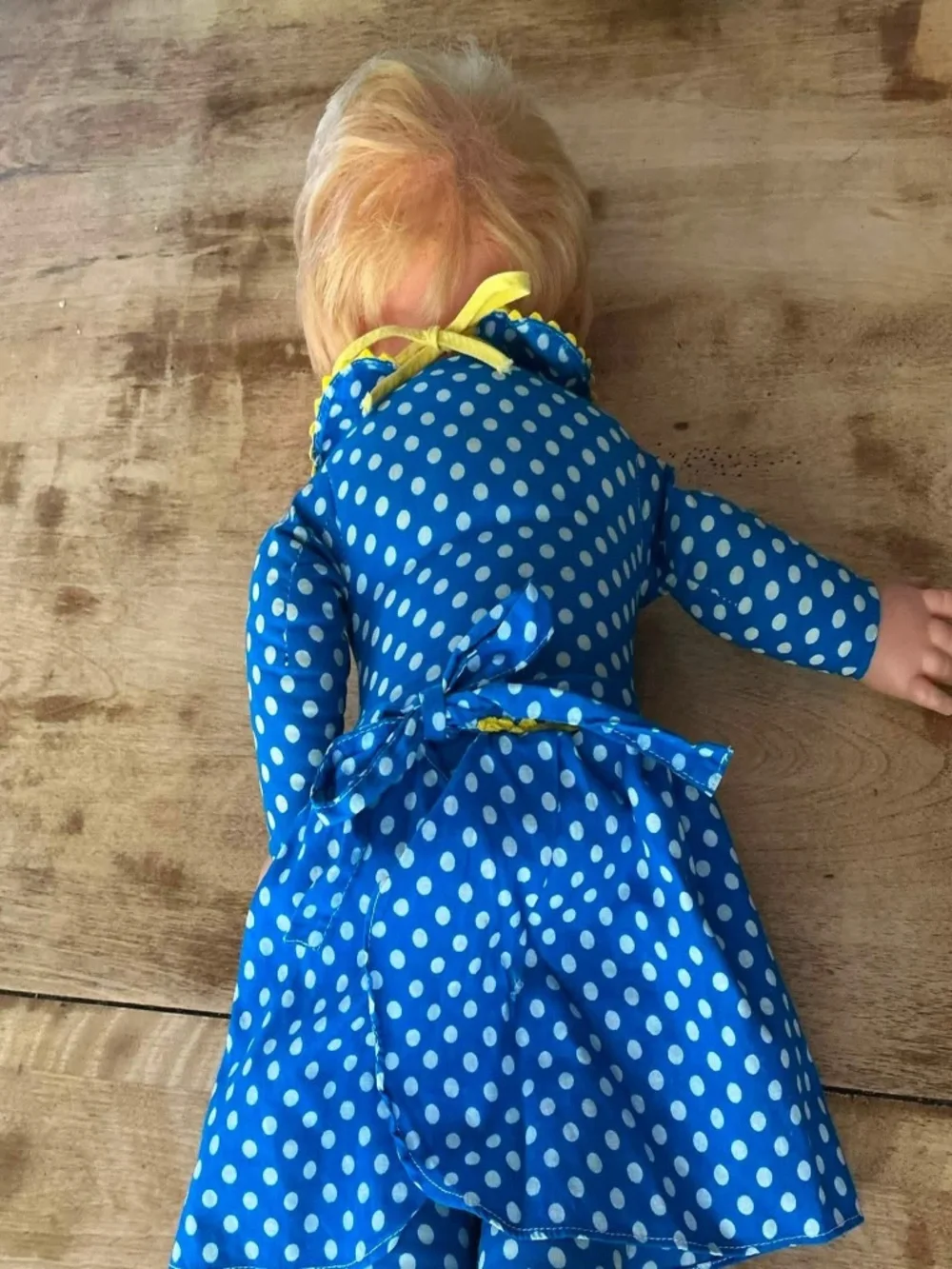 🩵 Mrs. Beasley Vintage Doll – Blue Polka Dot Dress